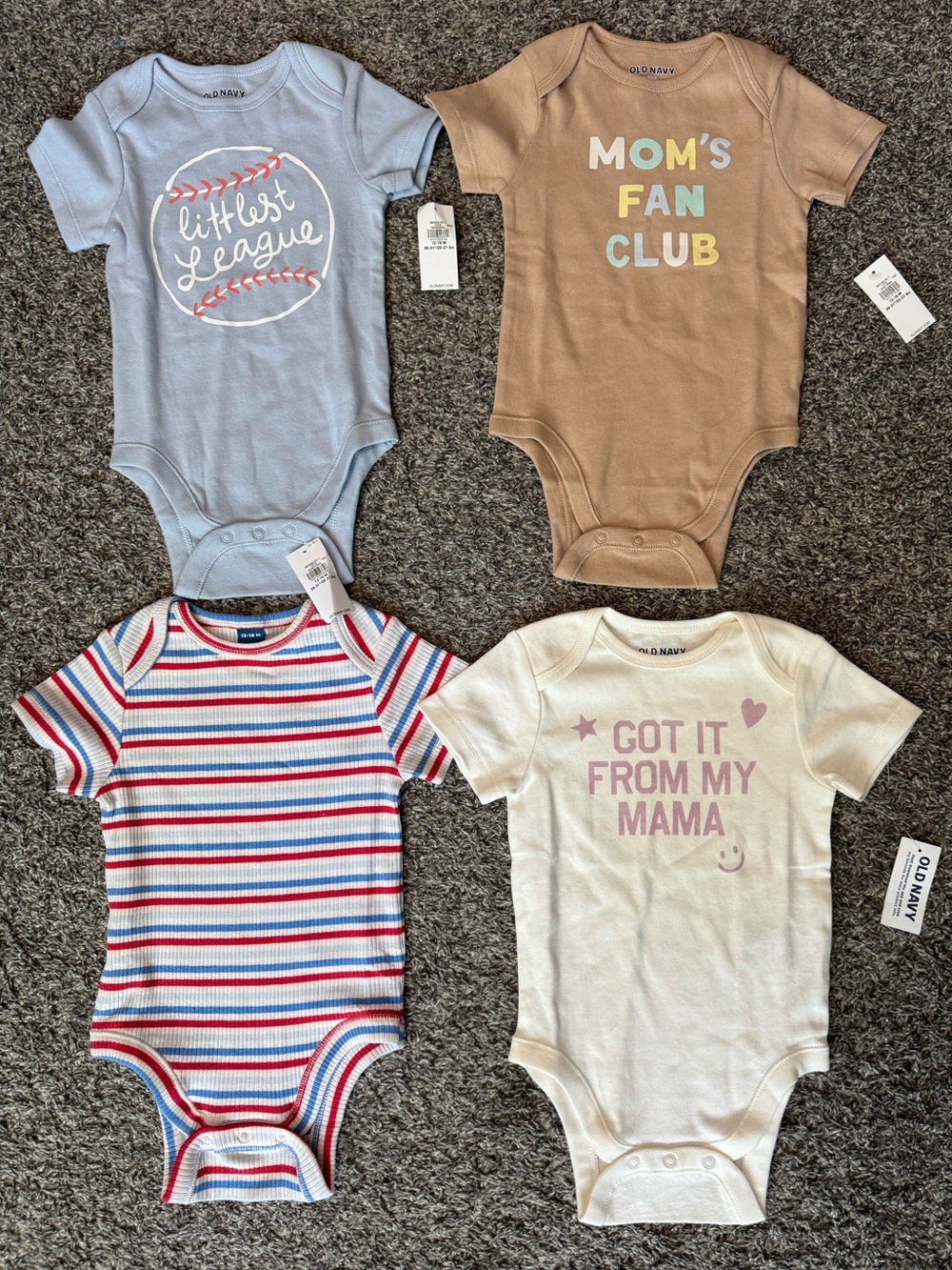 Old Navy Baby Bodysuit 4-Pack - Blue, Tan, Cream, Red/Blue Stripe